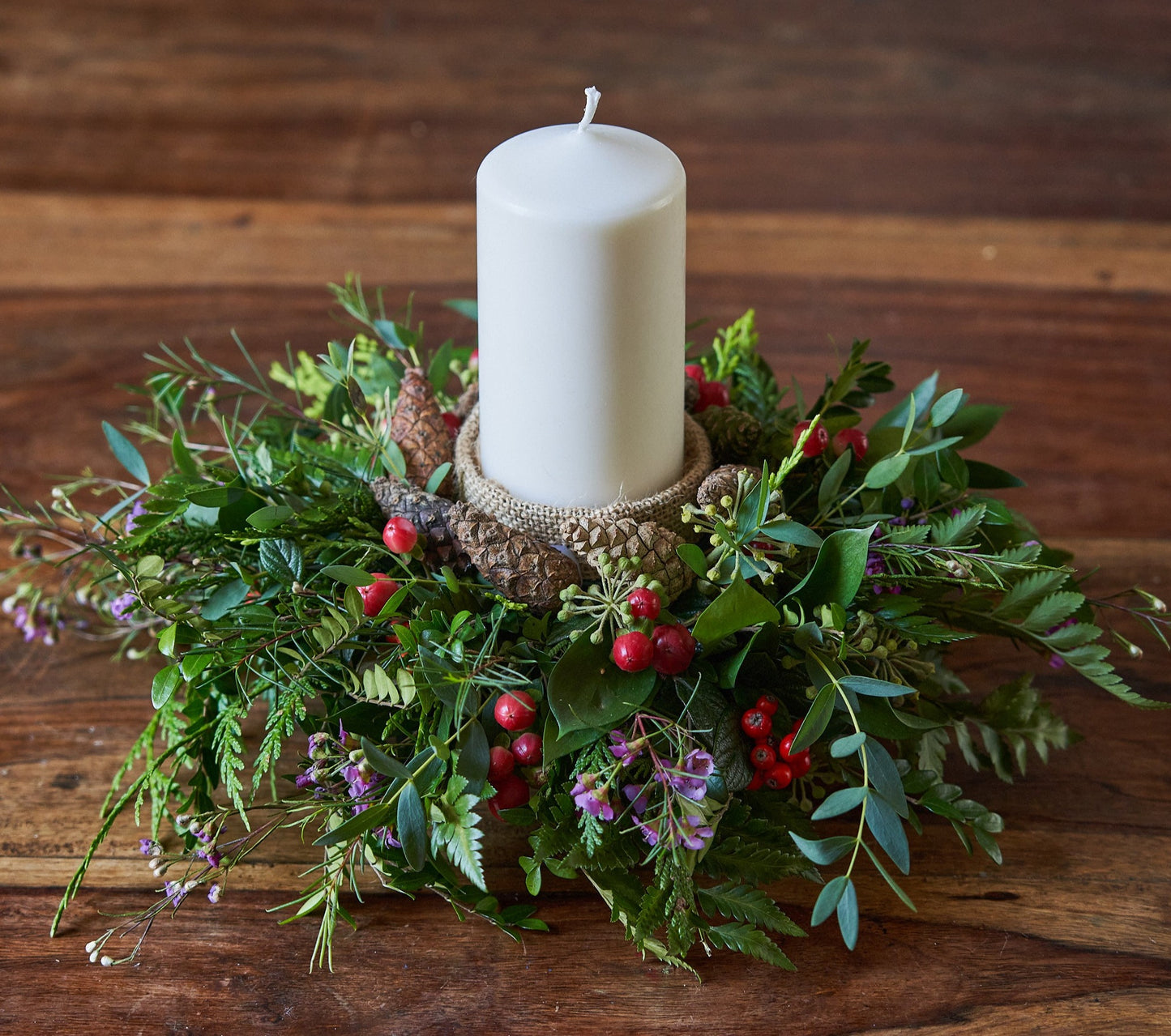 Single Pillar Candle With Pine Cuff