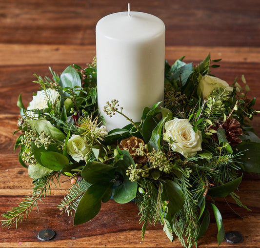 Round Table Centre With Large Church Candle & Roses