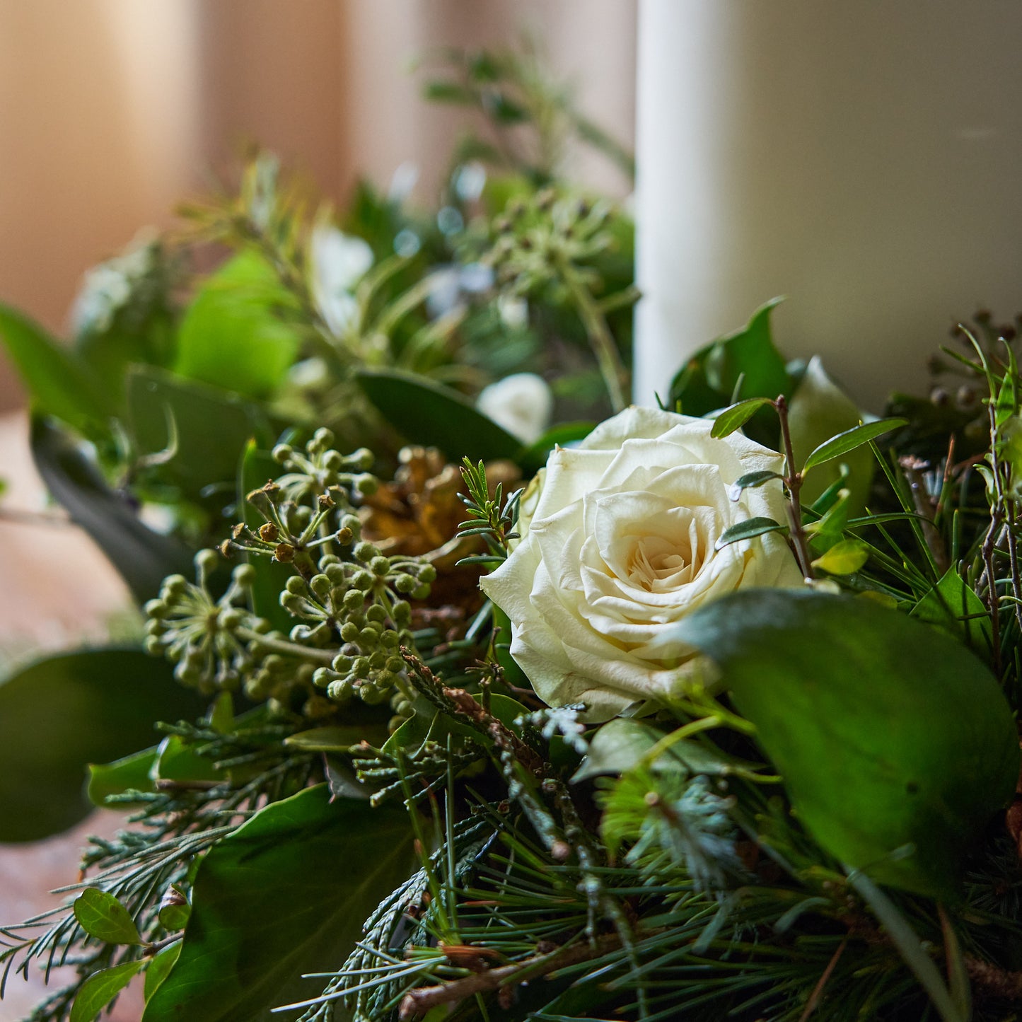 Round Table Centre With Large Church Candle & Roses