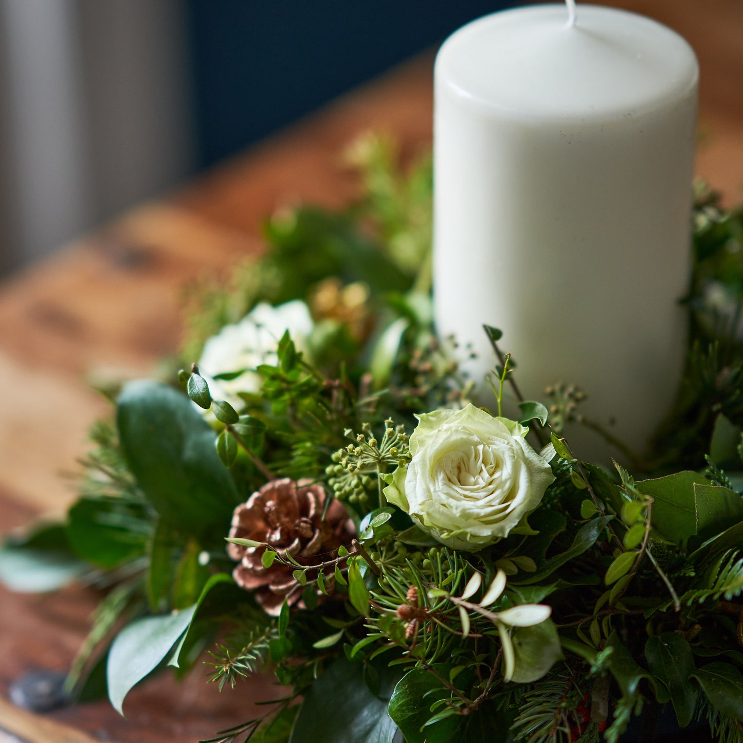 Round Table Centre With Large Church Candle & Roses