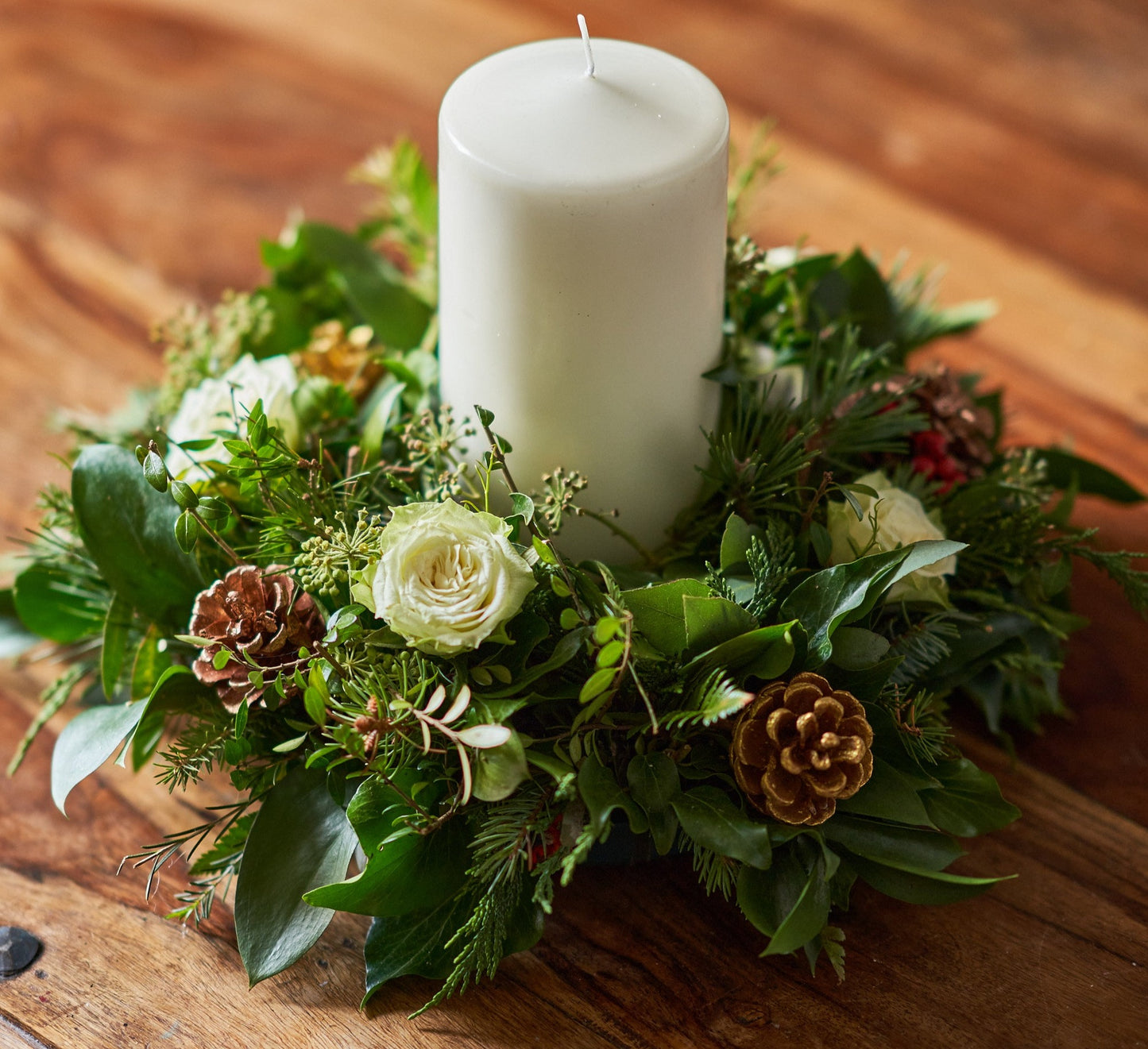 Round Table Centre With Large Church Candle & Roses